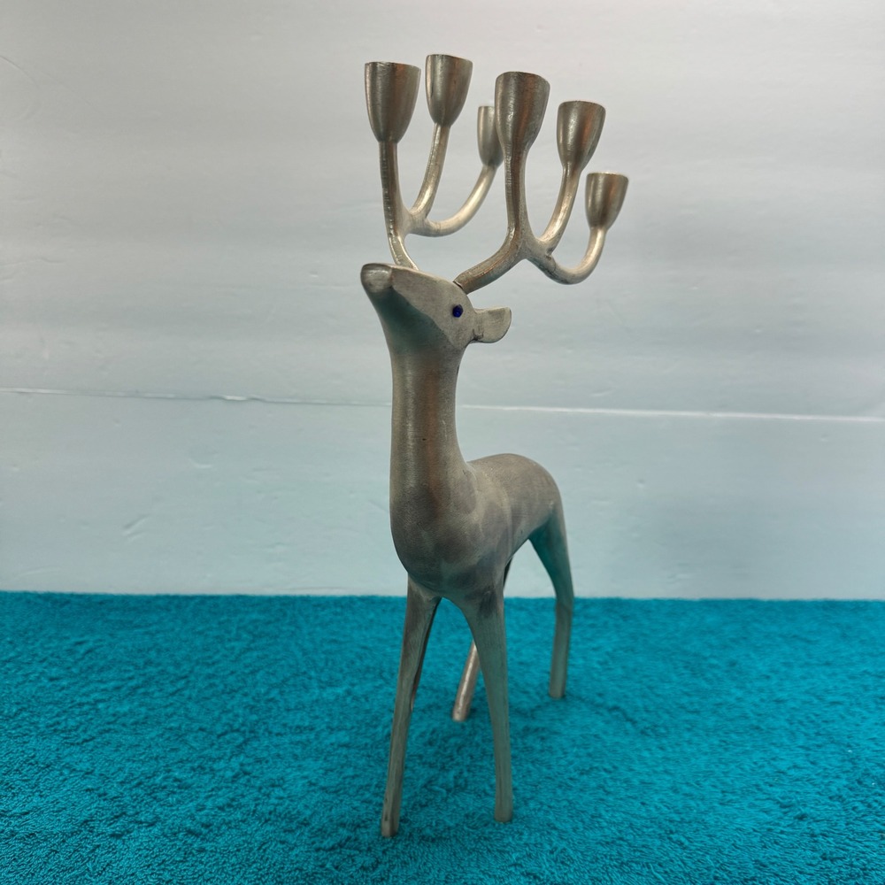 Vintage Silver Metal Reindeer Candelabra 6 Antler Taper Candle Holder Blue Eyes - Picture 2 of 12